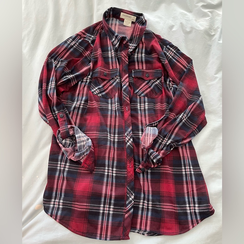 NWT: burgundy & navy plaid passport button up shirt - Picture 1 of 7